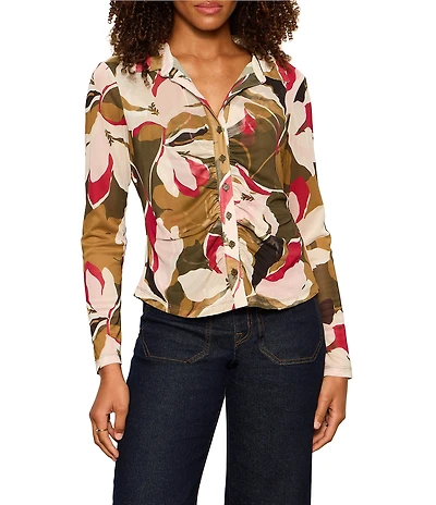 Sanctuary Dreamgirl Floral Printed Mesh Point Collar Long Sleeve Ruched Button Front Top