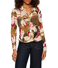 Sanctuary Dreamgirl Floral Printed Mesh Point Collar Long Sleeve Ruched Button Front Top