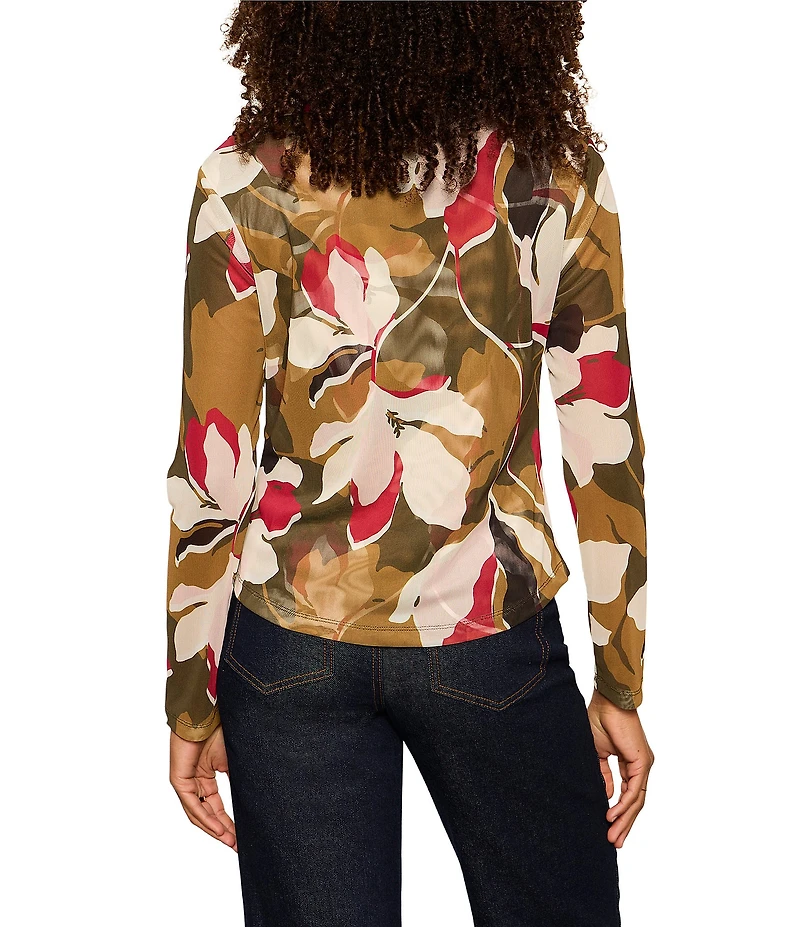 Sanctuary Dreamgirl Floral Printed Mesh Point Collar Long Sleeve Ruched Button Front Top