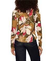 Sanctuary Dreamgirl Floral Printed Mesh Point Collar Long Sleeve Ruched Button Front Top