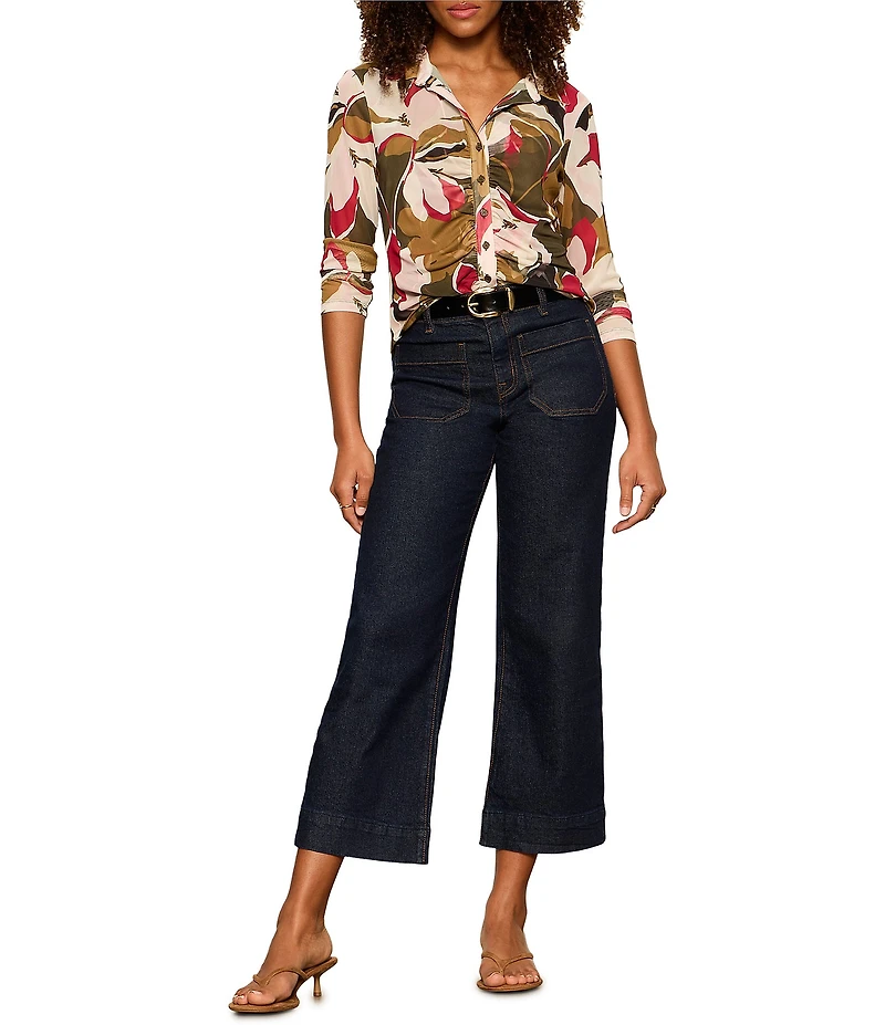 Sanctuary Dreamgirl Floral Printed Mesh Point Collar Long Sleeve Ruched Button Front Top