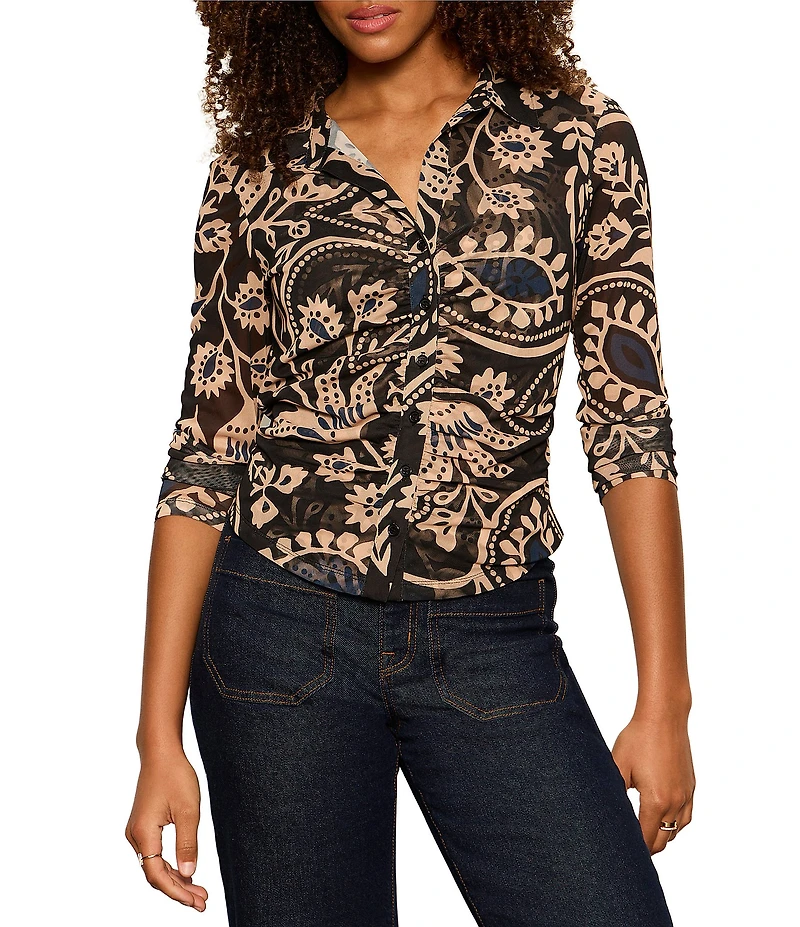 Sanctuary Dreamgirl Geometric Printed Mesh Point Collared Long Sleeve Ruched Button Front Top