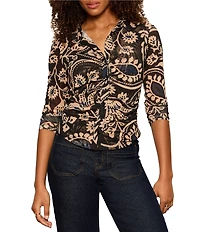 Sanctuary Dreamgirl Geometric Printed Mesh Point Collared Long Sleeve Ruched Button Front Top