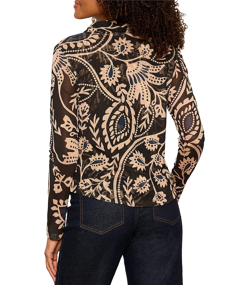 Sanctuary Dreamgirl Geometric Printed Mesh Point Collared Long Sleeve Ruched Button Front Top
