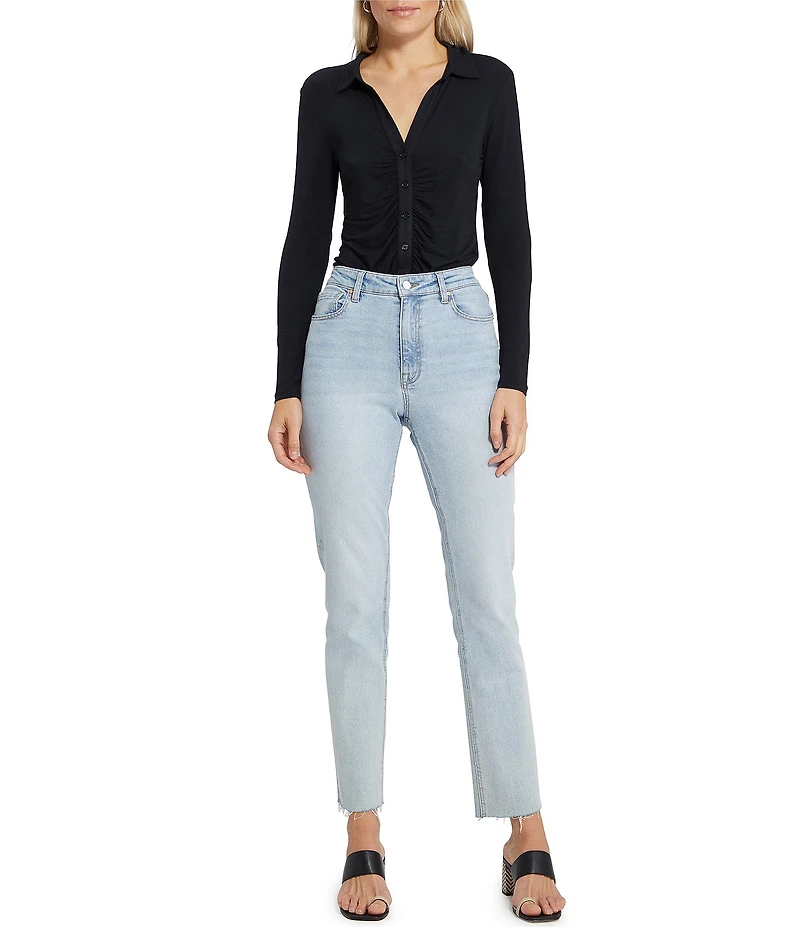 Sanctuary Dreamgirl Long Sleeve Point Collar Ruched Button Front Knit Top
