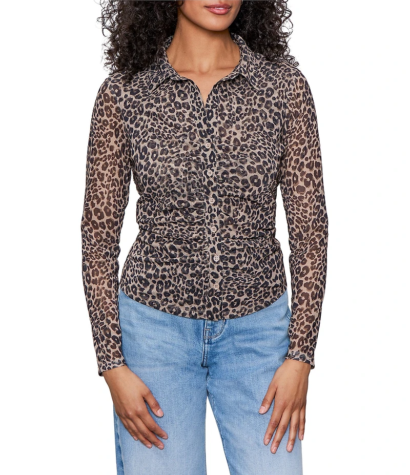 Sanctuary Dreamgirl Print Mesh Point Collar Neck Long Sleeve Ruched Button Front Top