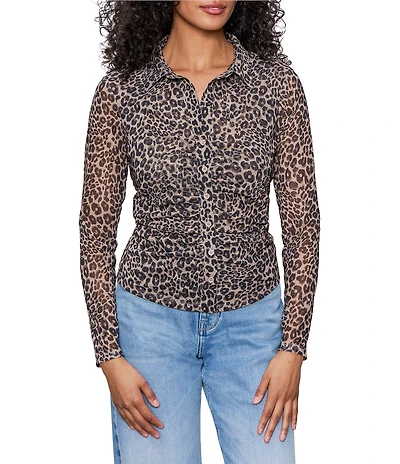 Sanctuary Dreamgirl Print Mesh Point Collar Neck Long Sleeve Ruched Button Front Top
