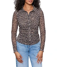 Sanctuary Dreamgirl Print Mesh Point Collar Neck Long Sleeve Ruched Button Front Top