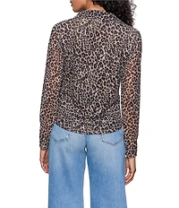 Sanctuary Dreamgirl Print Mesh Point Collar Neck Long Sleeve Ruched Button Front Top