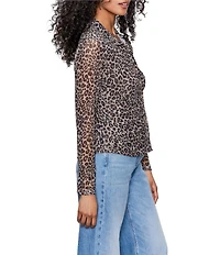 Sanctuary Dreamgirl Print Mesh Point Collar Neck Long Sleeve Ruched Button Front Top