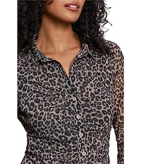 Sanctuary Dreamgirl Print Mesh Point Collar Neck Long Sleeve Ruched Button Front Top