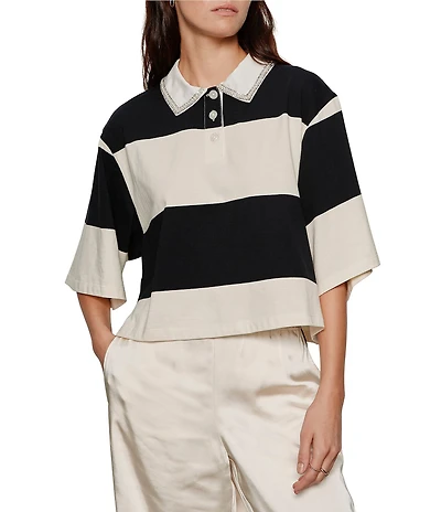 Sanctuary Embellished Polo Collar Short Sleeve Striped Tee