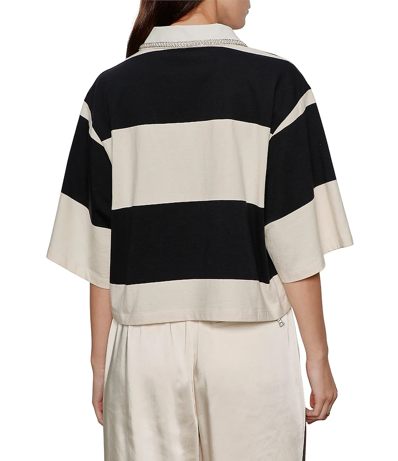 Sanctuary Embellished Polo Collar Short Sleeve Striped Tee
