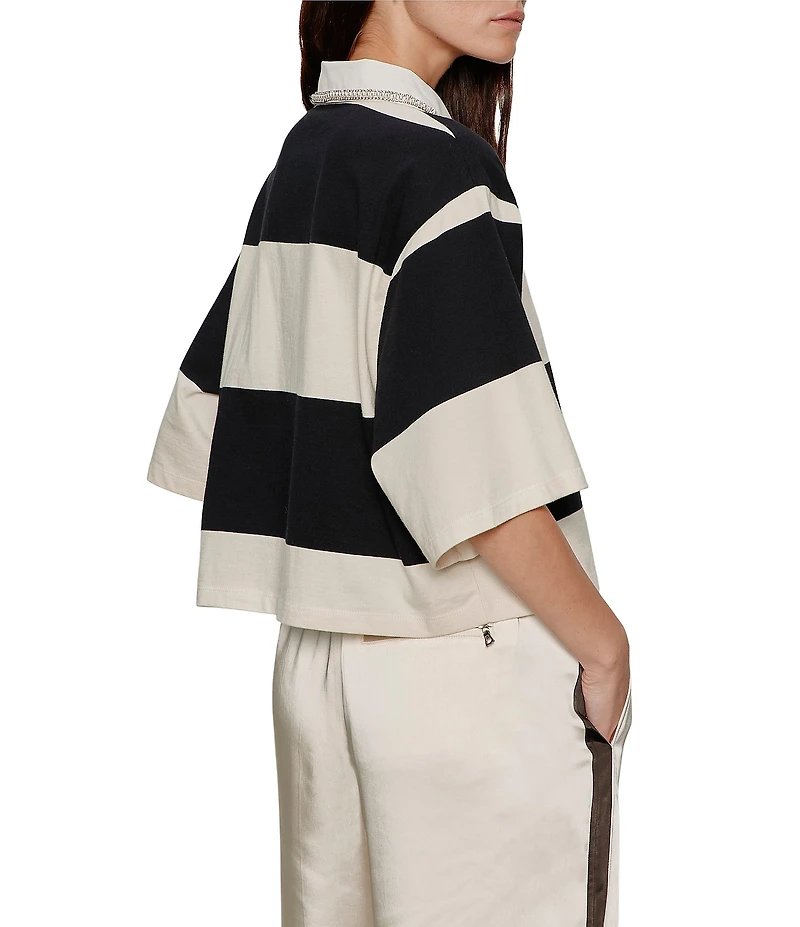 Sanctuary Embellished Polo Collar Short Sleeve Striped Tee