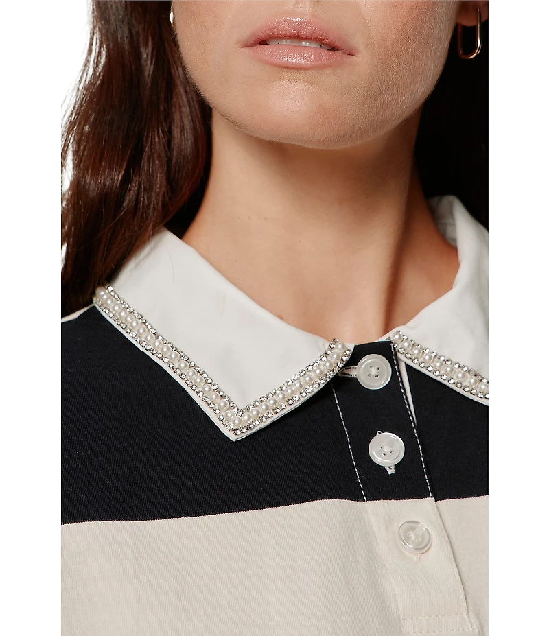 Sanctuary Embellished Polo Collar Short Sleeve Striped Tee