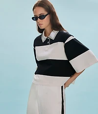 Sanctuary Embellished Polo Collar Short Sleeve Striped Tee