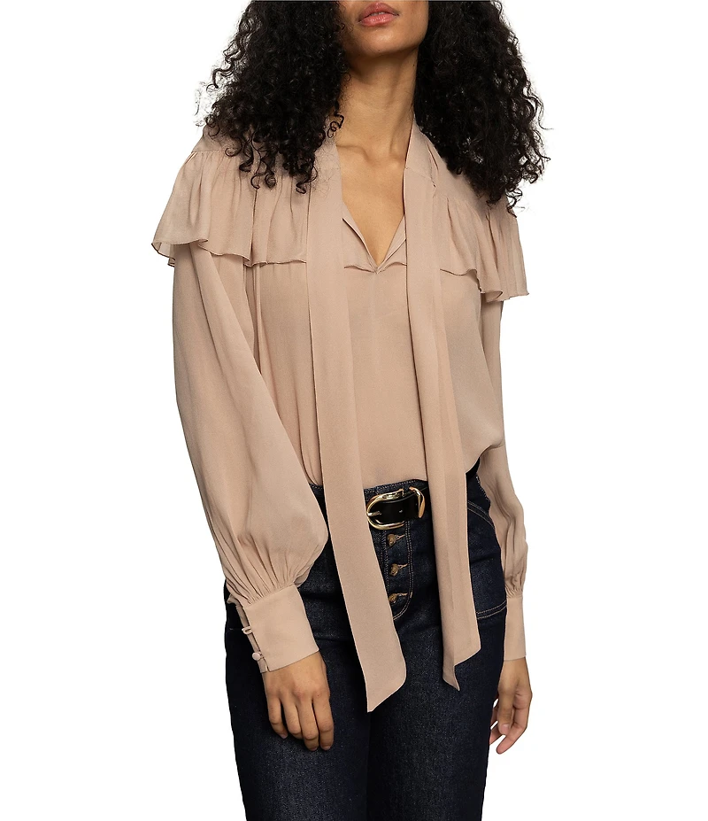 Sanctuary Fade Into You Ruffle Chiffon Notch Collar Blouse
