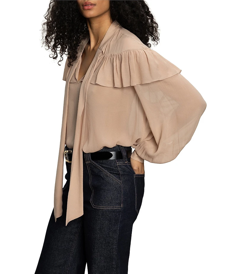 Sanctuary Fade Into You Ruffle Chiffon Notch Collar Blouse