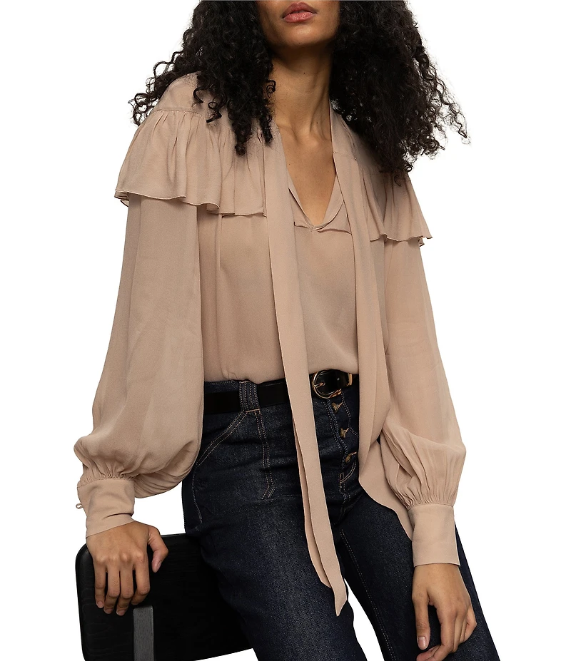 Sanctuary Fade Into You Ruffle Chiffon Notch Collar Blouse