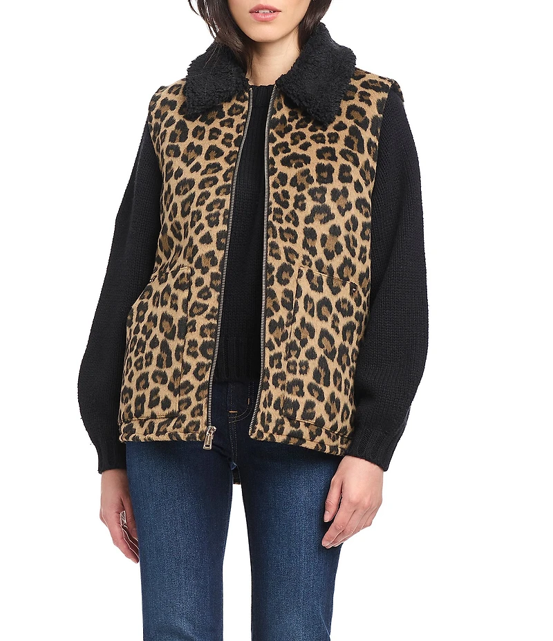 Sanctuary Faux Wool Leopard Print Sherpa Collar Patch Pocket Zip Front Vest