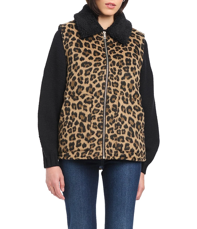 Sanctuary Faux Wool Leopard Print Sherpa Collar Patch Pocket Zip Front Vest