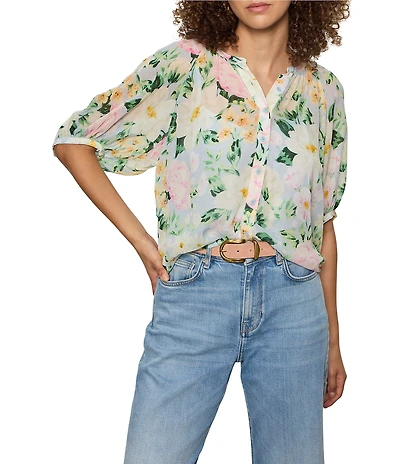 Sanctuary Favorite Girl Button Front Split Neck Short Sleeve Top