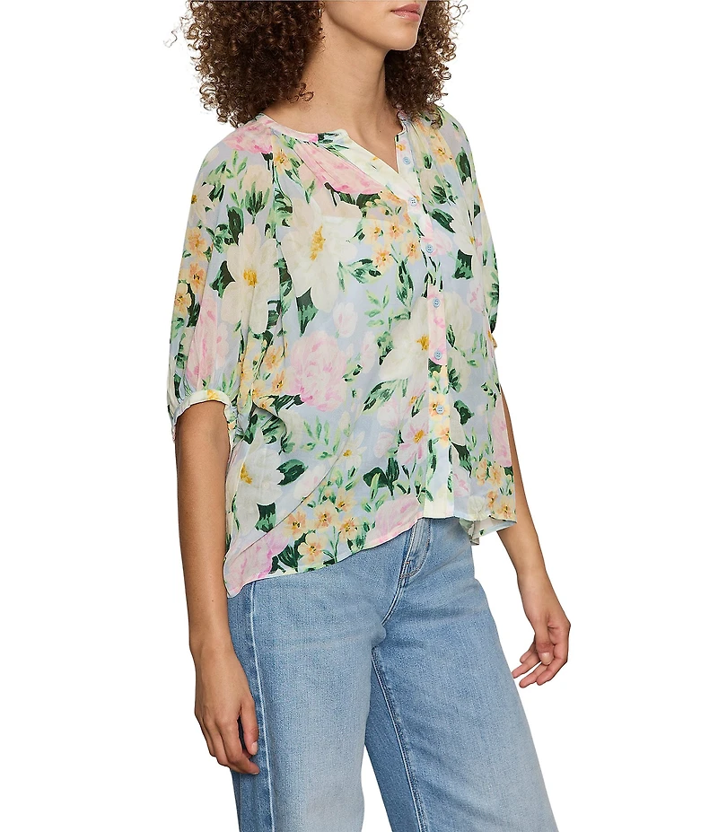 Sanctuary Favorite Girl Button Front Split Neck Short Sleeve Top