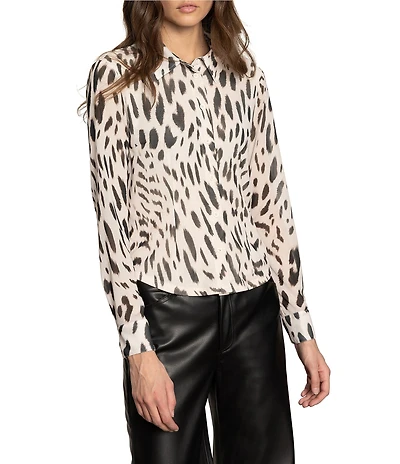 Sanctuary Fitted Mesh Animal Print Spread Collar Long Sleeve Button Down Top