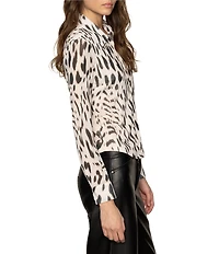 Sanctuary Fitted Mesh Animal Print Spread Collar Long Sleeve Button Down Top