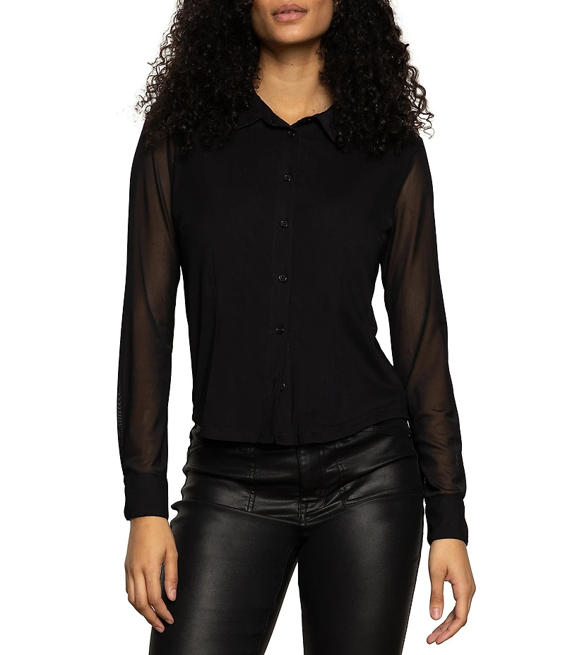 Sanctuary Fitted Mesh Spread Collar Long Sleeve Button Down Top