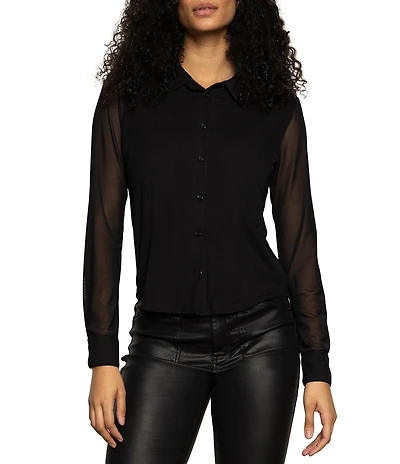 Sanctuary Fitted Mesh Spread Collar Long Sleeve Button Down Top