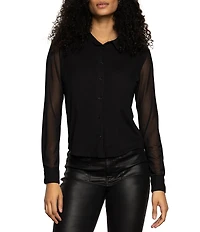 Sanctuary Fitted Mesh Spread Collar Long Sleeve Button Down Top