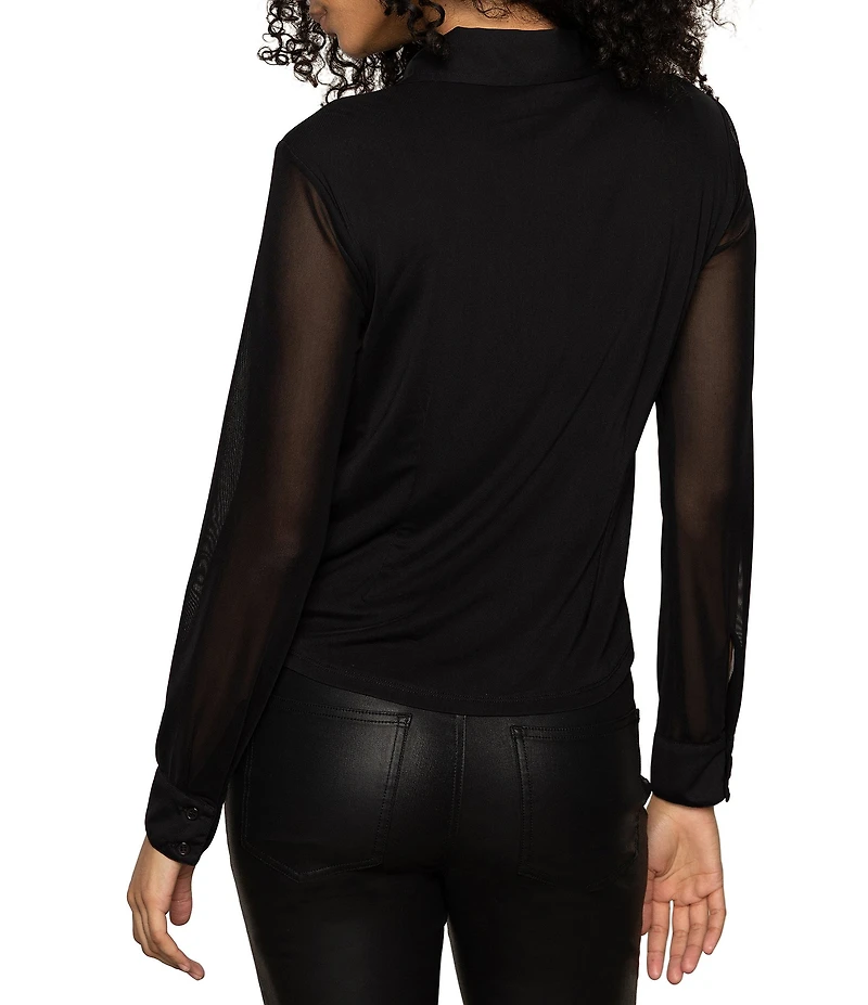 Sanctuary Fitted Mesh Spread Collar Long Sleeve Button Down Top