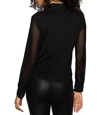 Sanctuary Fitted Mesh Spread Collar Long Sleeve Button Down Top