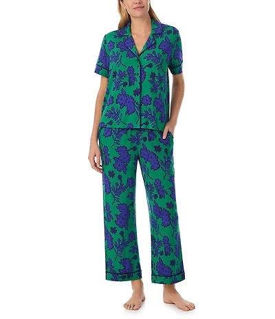 Sanctuary Floral Print Short Sleeve Notch Collar Knit Cropped Pajama Set