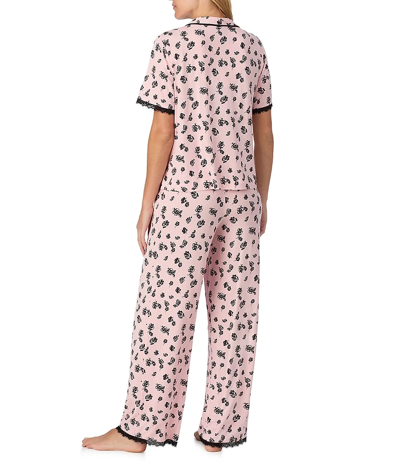 Sanctuary Floral Print Short Sleeve Notch Collar Knit Long Pajama Set