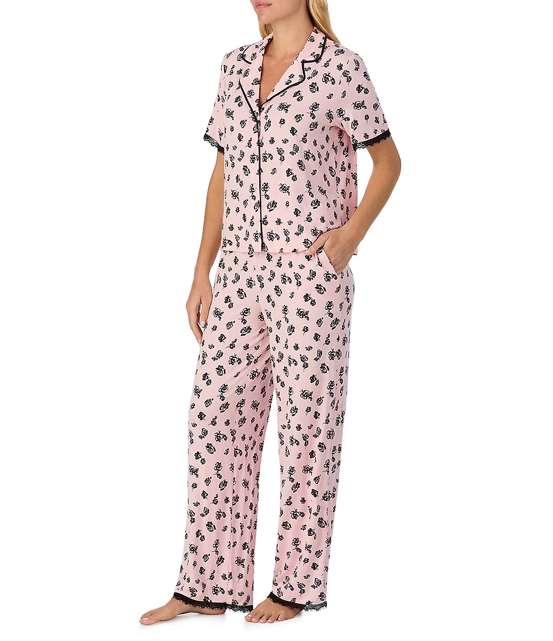 Sanctuary Floral Print Short Sleeve Notch Collar Knit Long Pajama Set