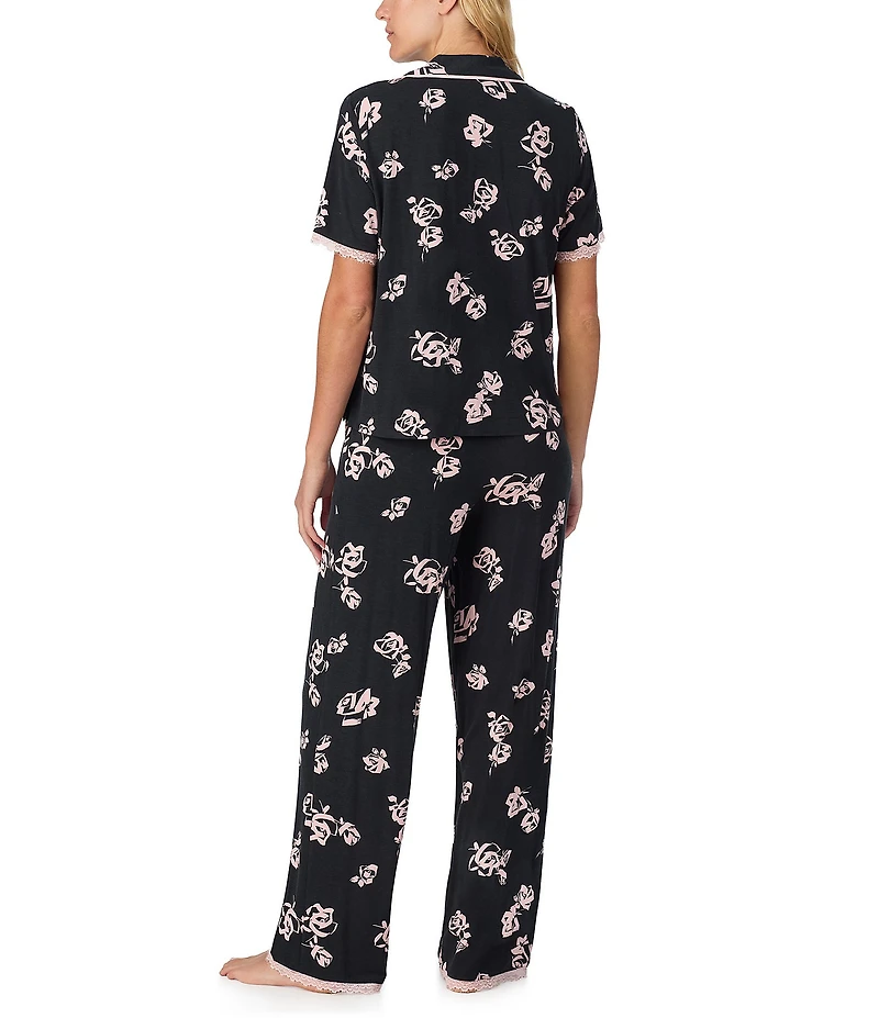 Sanctuary Floral Print Short Sleeve Notch Collar Knit Long Pajama Set