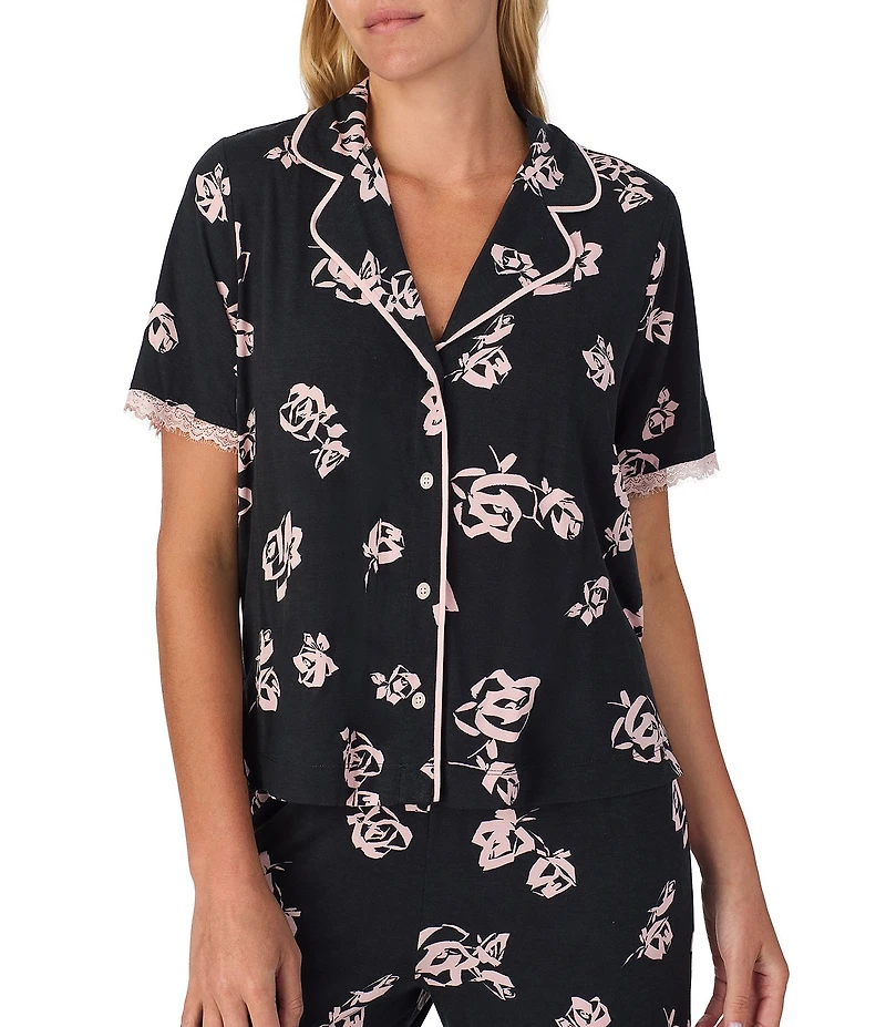 Sanctuary Floral Print Short Sleeve Notch Collar Knit Long Pajama Set
