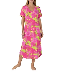 Sanctuary Floral Print Short Sleeve V-Neck Knit Long Sleepshirt