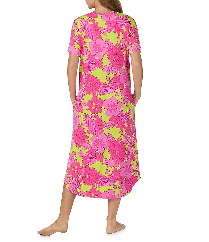 Sanctuary Floral Print Short Sleeve V-Neck Knit Long Sleepshirt
