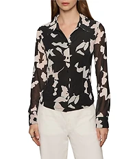 Sanctuary Floral Print Spread Collar Long Sleeve Button Down Mesh Blouse