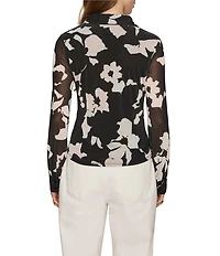 Sanctuary Floral Print Spread Collar Long Sleeve Button Down Mesh Blouse