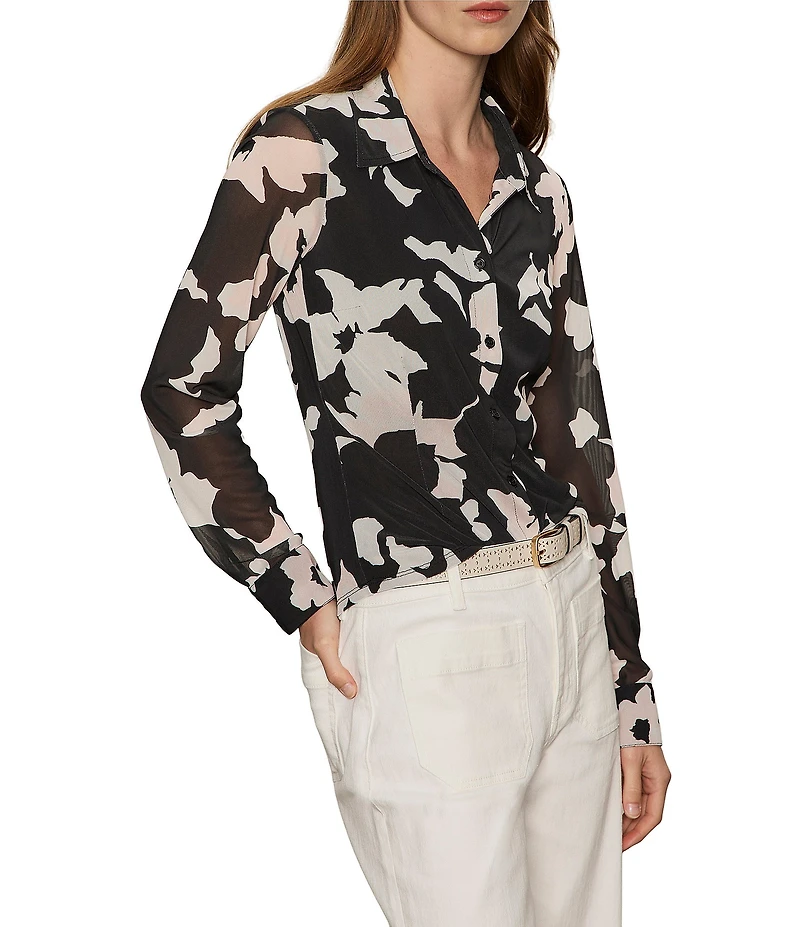 Sanctuary Floral Print Spread Collar Long Sleeve Button Down Mesh Blouse