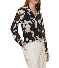Sanctuary Floral Print Spread Collar Long Sleeve Button Down Mesh Blouse