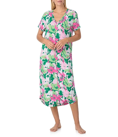Sanctuary Floral Printed Short Sleeve V-Neck Jersey Knit Long Sleepshirt