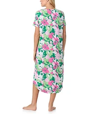 Sanctuary Floral Printed Short Sleeve V-Neck Jersey Knit Long Sleepshirt