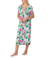 Sanctuary Floral Printed Short Sleeve V-Neck Jersey Knit Long Sleepshirt
