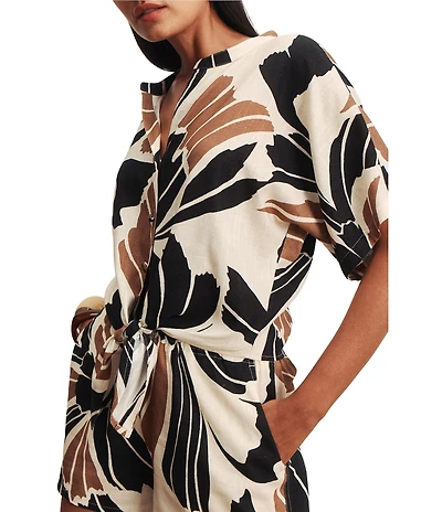 Sanctuary Good Time Tie Printed Banded Collar Short Sleeve Button Front Coordinating Shirt