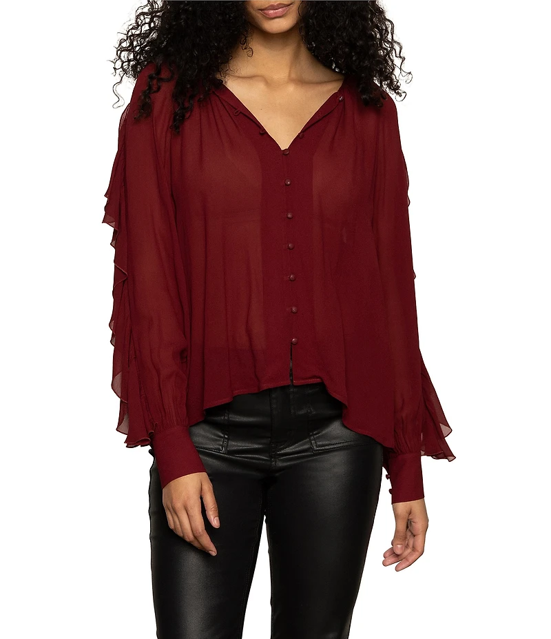 Sanctuary Harmony V-Neck Button Front Ruffle Long Sleeve Georgette Blouse